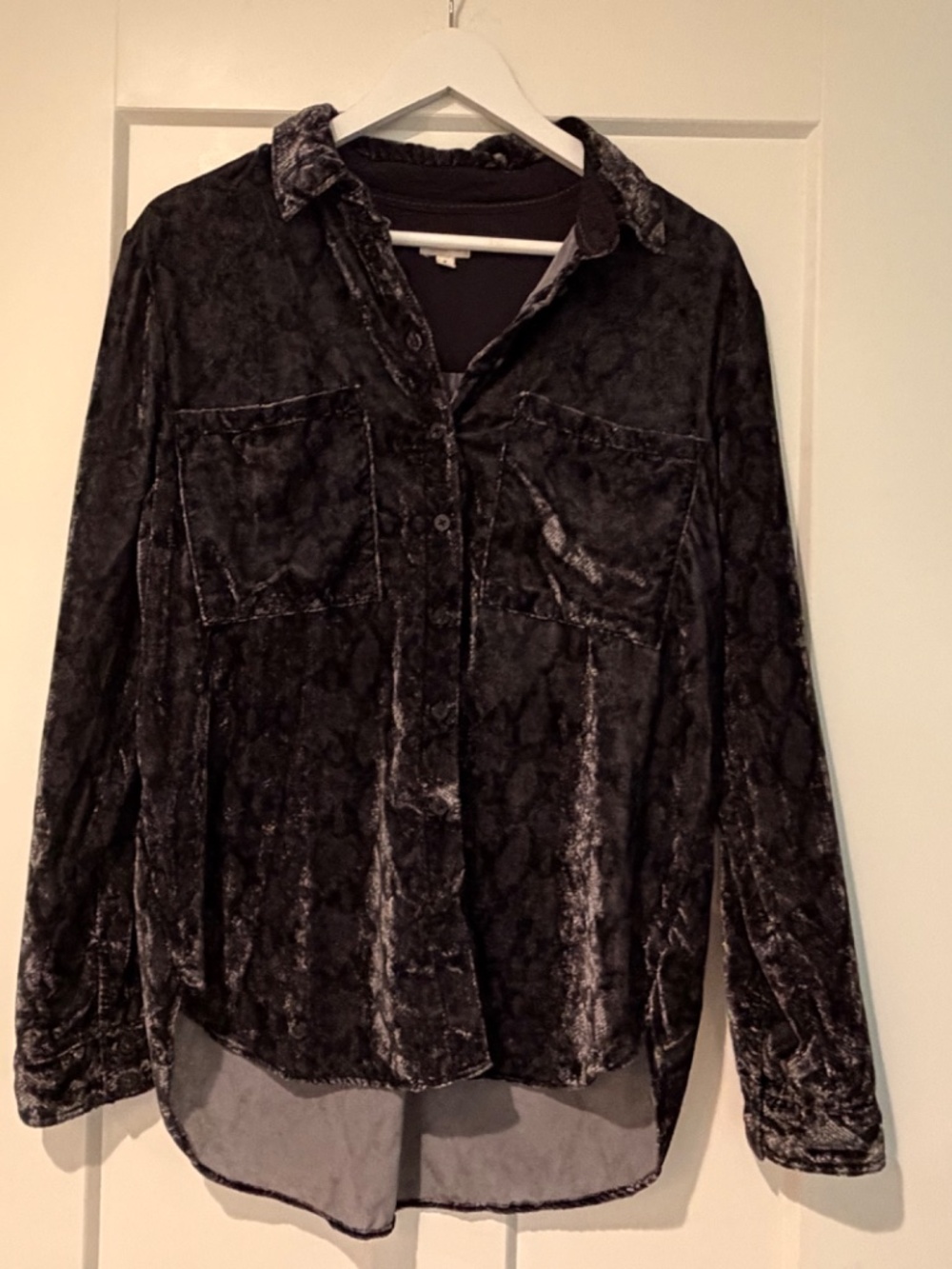 PILCRO ANTHROPOLOGIE VELVET SNAKE SKIN GRAY BLACK BUTTON UP SHIRT TOP M MEDIUM
